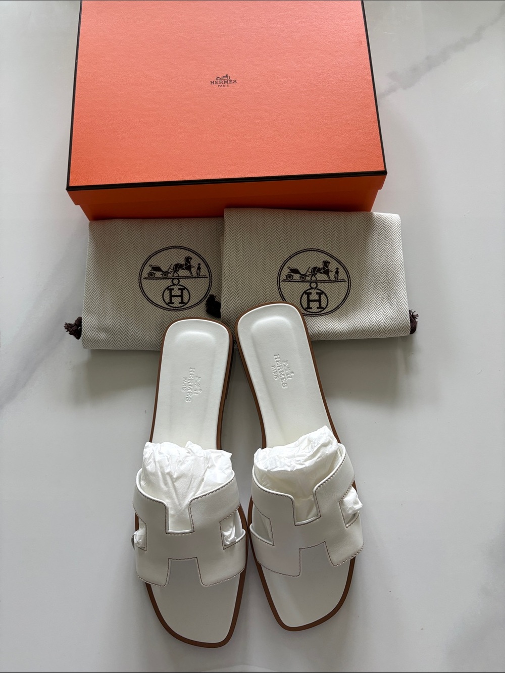 Hermes White Oran Leather Slide Sandals